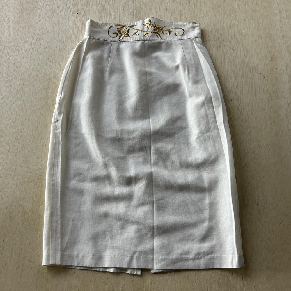 Vintage Francine Browner Skirt Womens 4 White Embroidered Pencil Midi High Waist